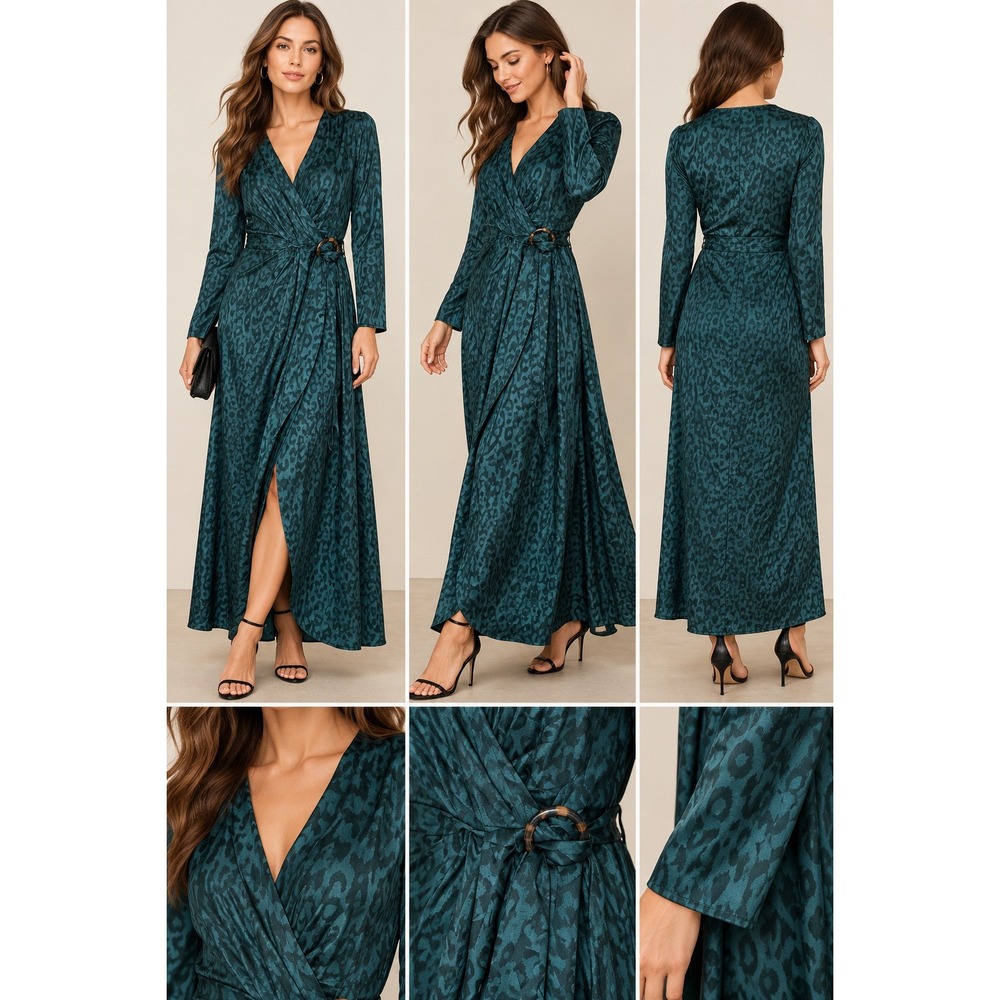 Teal Green Leopard Jacquard Wrap Maxi Dress Long Sleeve Buckle Detail